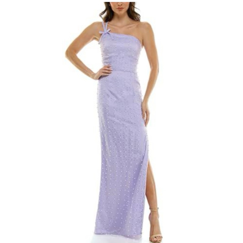 Violet size5/6 Strappy One Shoulder Pearl Rhinestone Embellished Gown Lilac NWT - Picture 2 of 12